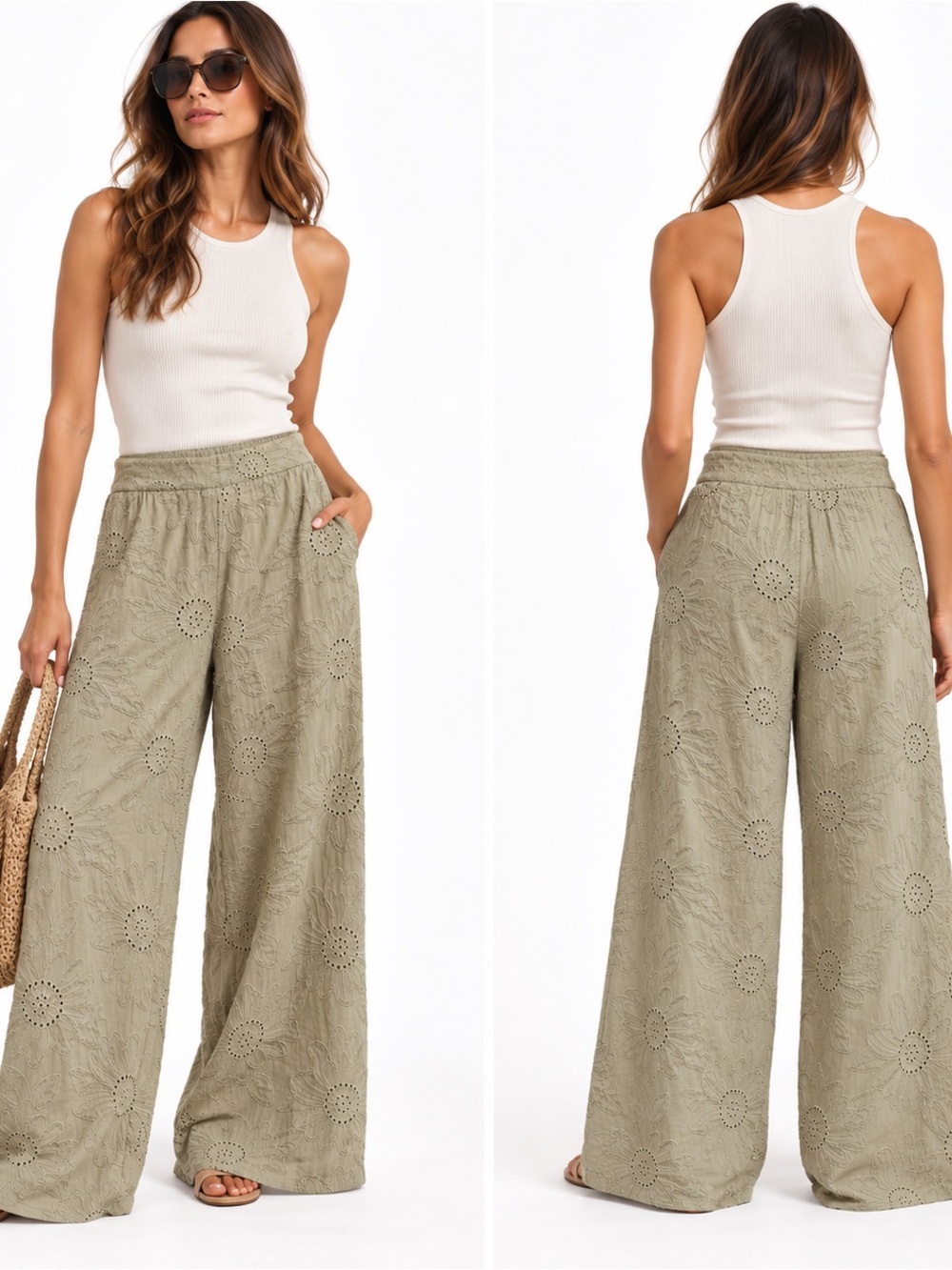 Zara Olive Eyelet Wide Leg Pants